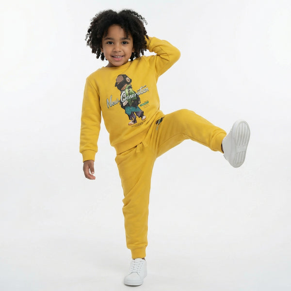 Yellow New Generation Print Kids Winter Cotton Fleece Co-ord Set